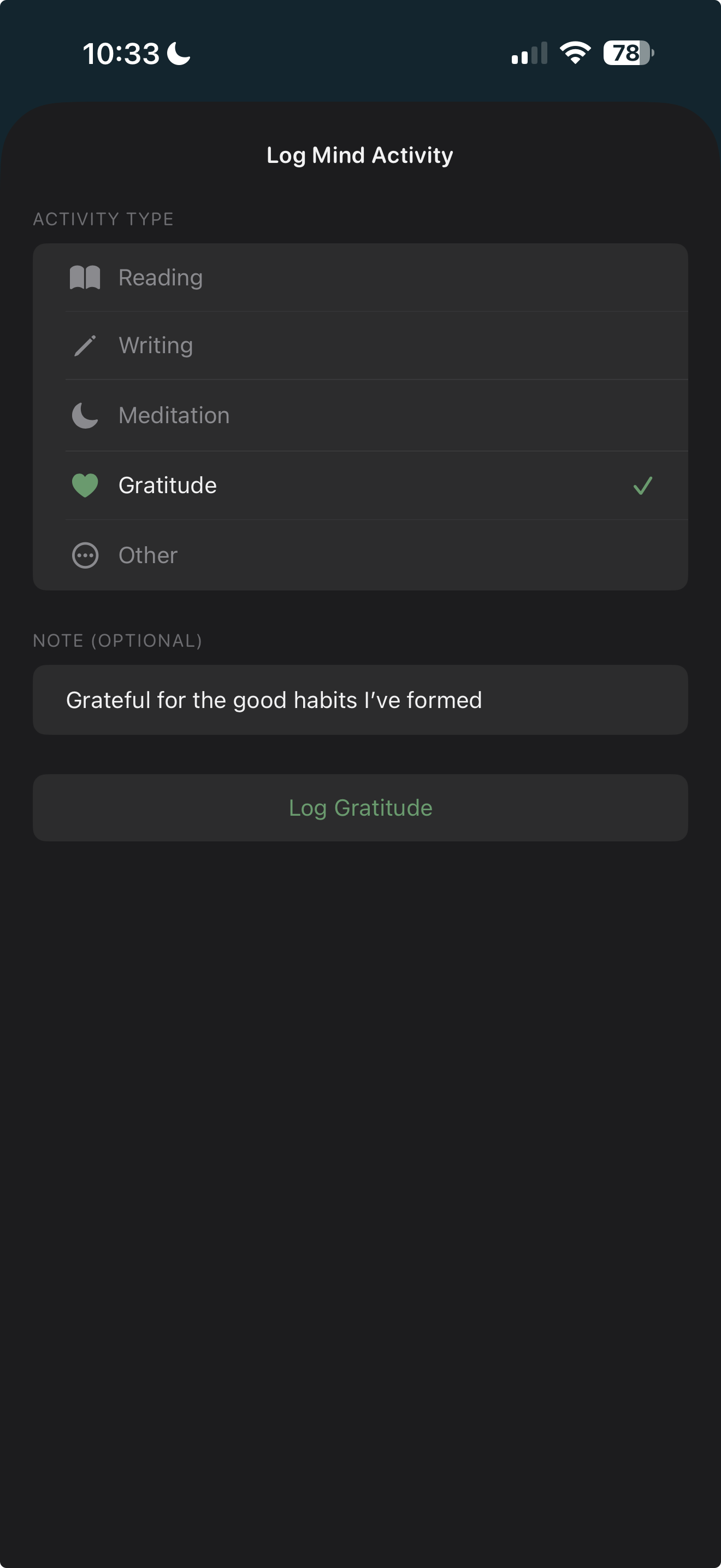 Gratitude entry sheet screen